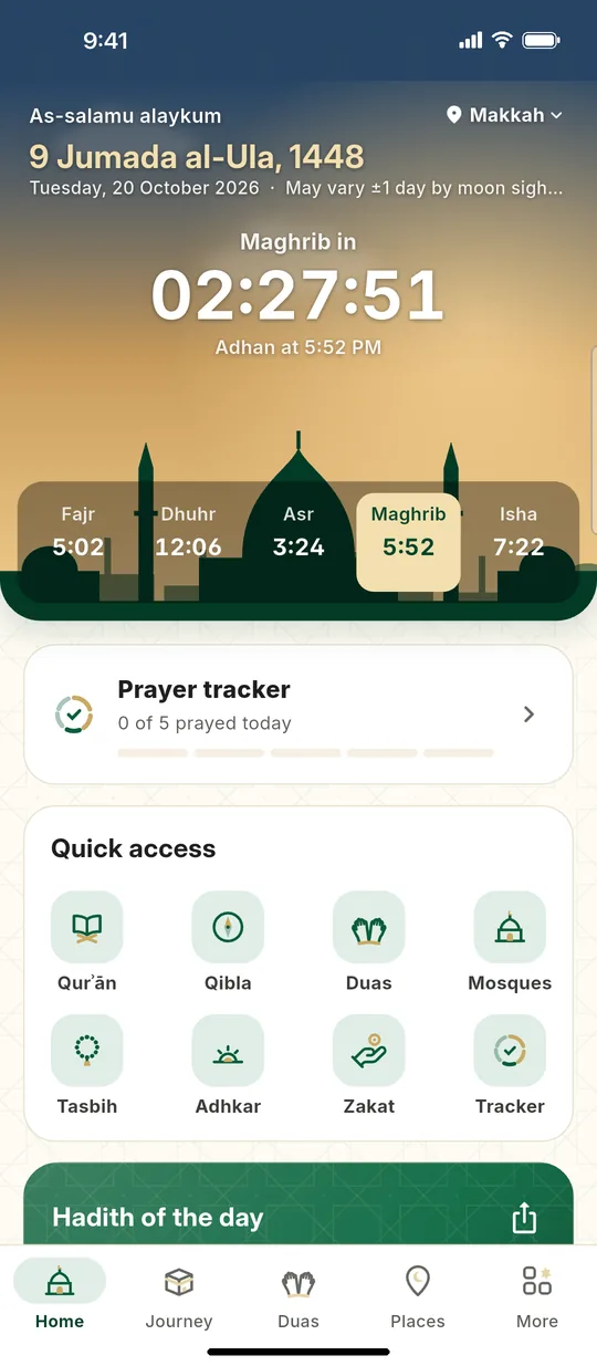 Home screen with the next prayer and a live countdown